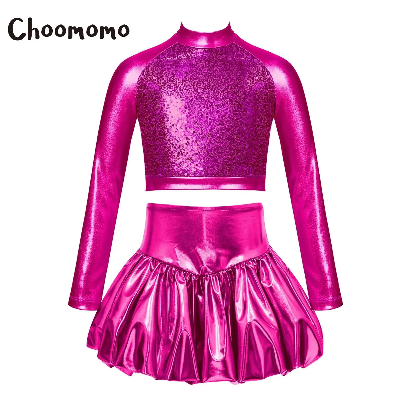 

Girls Latin Jazz Dance Costume Kid Shiny 70s Disco Outfit Long Sleeve Sequin T-Shirt Crop Top +Metallic Bubble Skirt Pageant Set