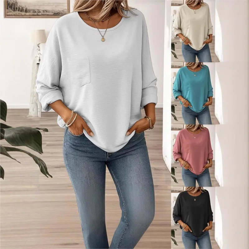 Femmes à manches longues Blouses amples et chemises 2025 automne hiver décontracté basique col rond épissure poche t-shirts hauts femme vêtements