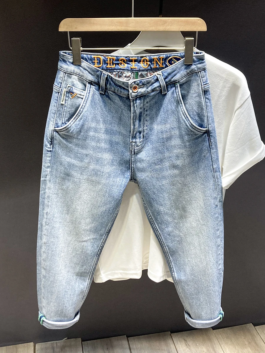 

Waed Denim Jeans Men's Slim Fit Faionable Loose Cuff Nine Points Pants Versatile Spring Autumn Cotton Stretch Denim