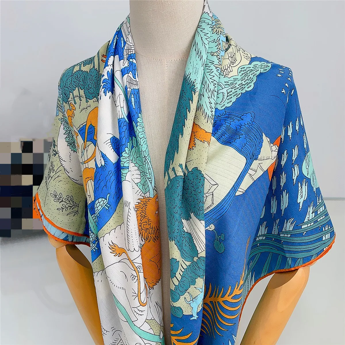 135CM Silk Cashmere Scarf Women Hand Rolled Shawls Jungle Animals Print Square Scarves Wraps Lady Bandana Hijabs Female Foulards