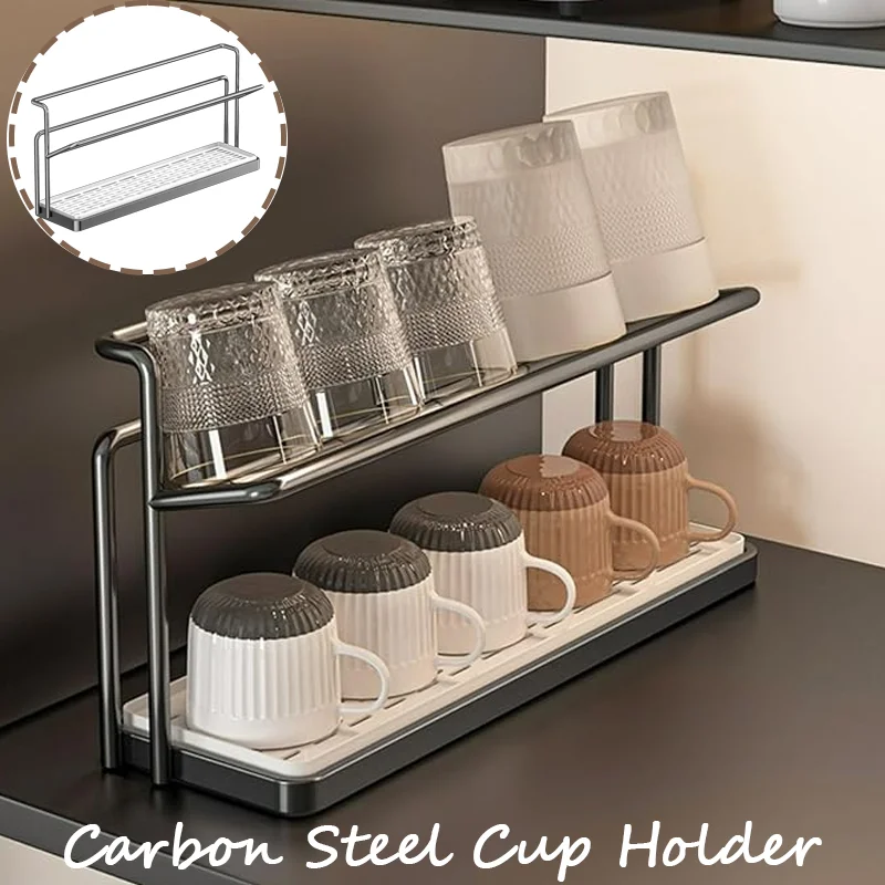 

Premium 2-Tier Cup Storage Rack with Drain Tray Hanging Upside Down Space Saving Countertop Organizer for Kitchen Dining Table