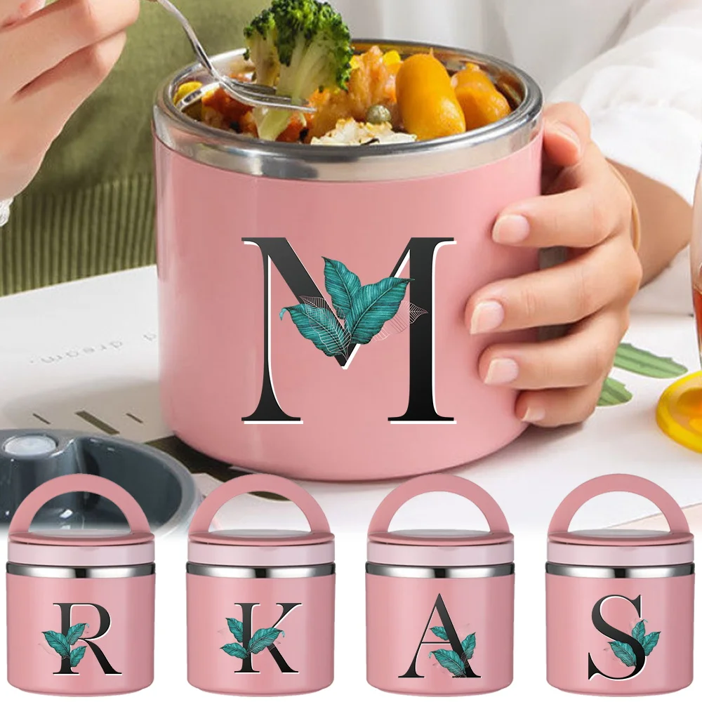 

Термос-ланчбокс для студентов и офисных работников, портативный контейнер для супа, компактный, с принтом в виде листьев и букв, для походов и путешествий