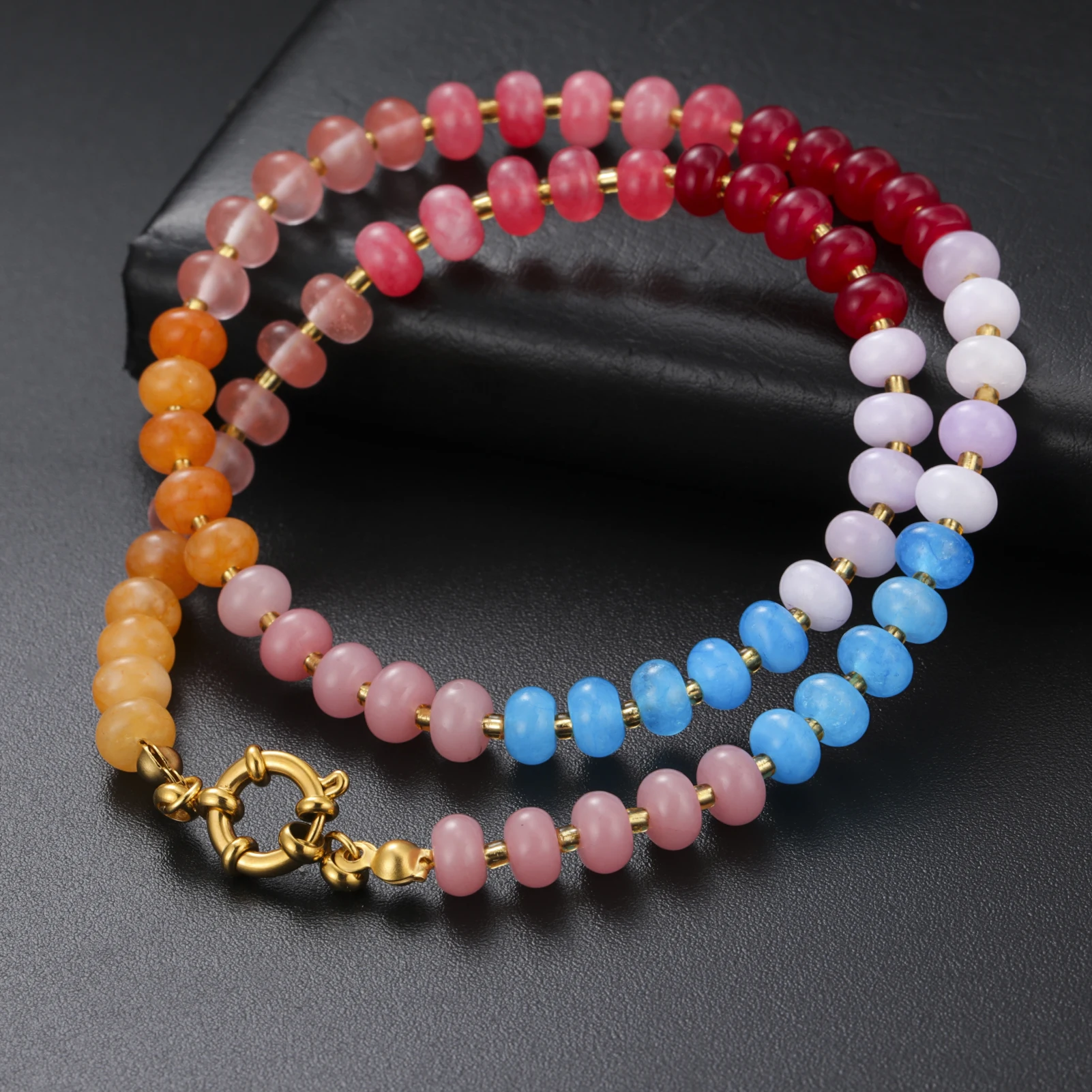 مجوهرات متدرجة من الحجر الطبيعي 2 في 1، سوار مطرز بألوان قوس قزح بطبقة واحدة هدية للنساء