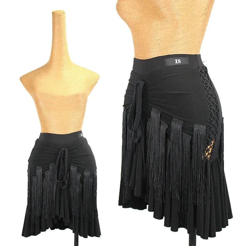 

Women Lace Drawstring Skirt Cha Cha Rumba Dance Clothes Adult Practice Wear Salsa Skirt Black Tassel Latin Dance Skirt