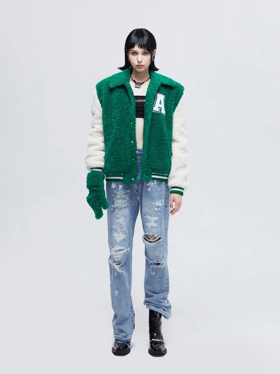 Loose Azepam Lamb Velvet Baseball Jaet Color Blo Design Original Design Long Sve Winter Outerwear Women's Faion