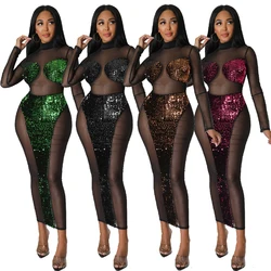 Women's Nightclub Sequin Dress Sexy Summer Long Sleeved Bodycon Mesh Perspective Fashion Maxi Long Party Evening Dress