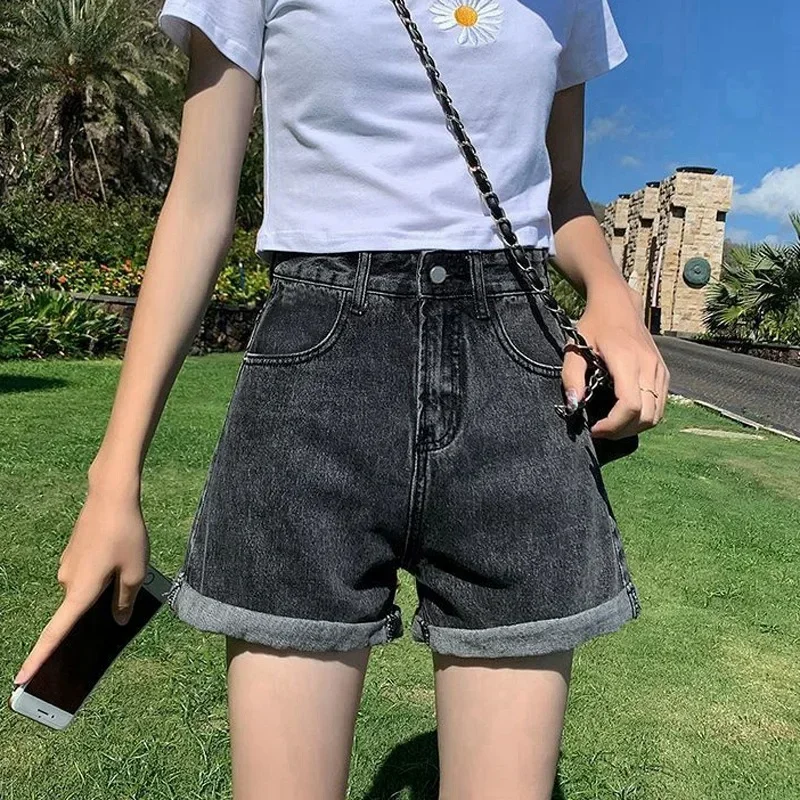 Shorts Women Black Gray Denim Shorts For Women Summer High Waist  Loose Ropa Mujer 2025 NEW