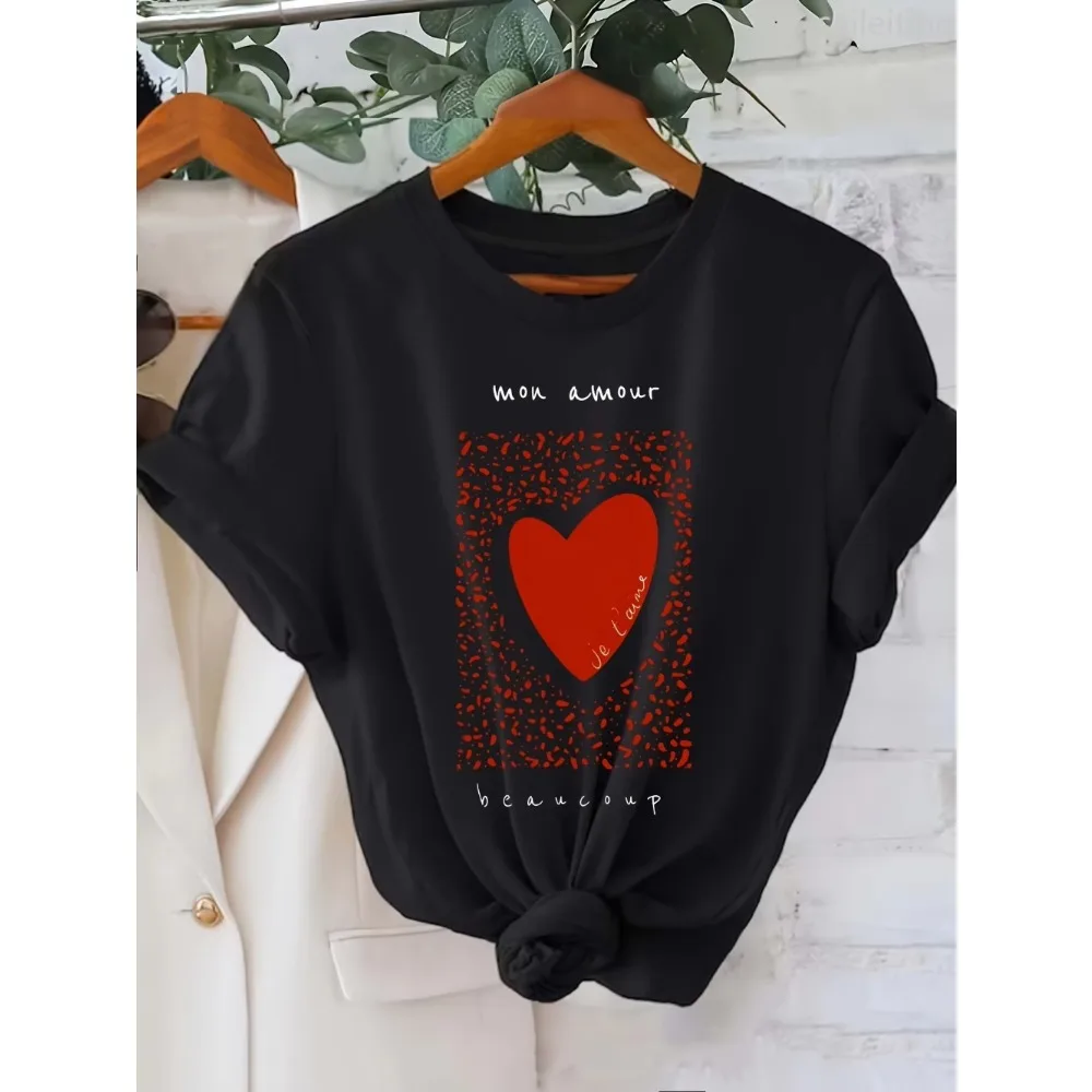Men Women Casual Short Sleeve T-Shirt with Red Dotted Heart Graphic Print Summer Short Sleeved Harajuku Streetwear Tops Tees Y2K
