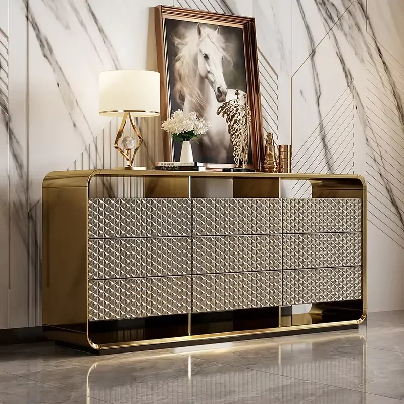 Italian Luxury Asian Wooden Sideboard Modern Gold Lacquered Cabinet for Living Room Porch Bedroom Dresser Storage Furniture
