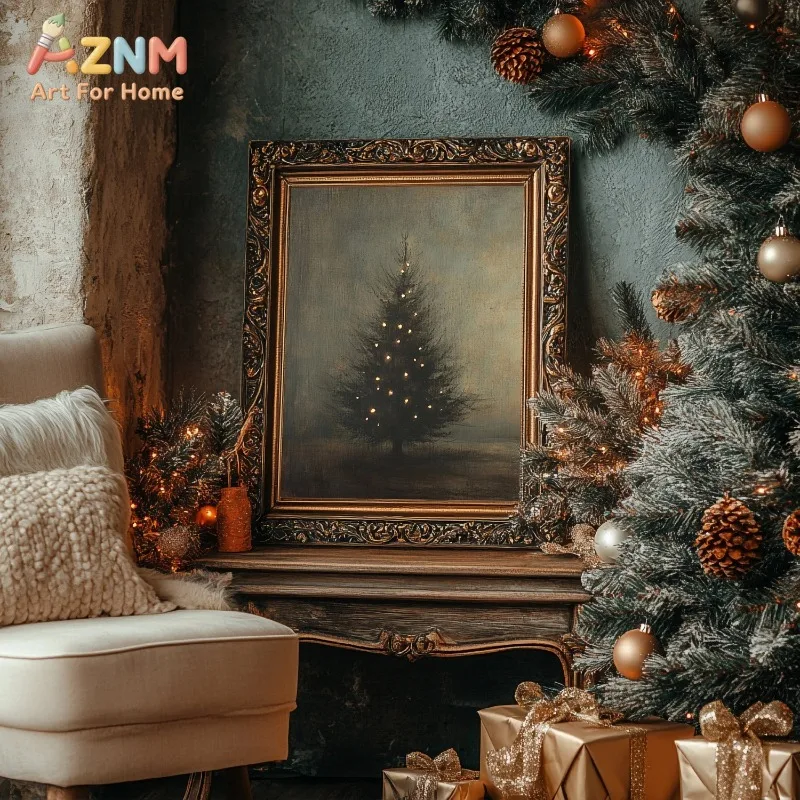 Moody Vintage Christmas Tree Canvas Wall Art Xmas Tree Rustic Antique Winter Holiday Home Wall Print Unframed Canvas Poster