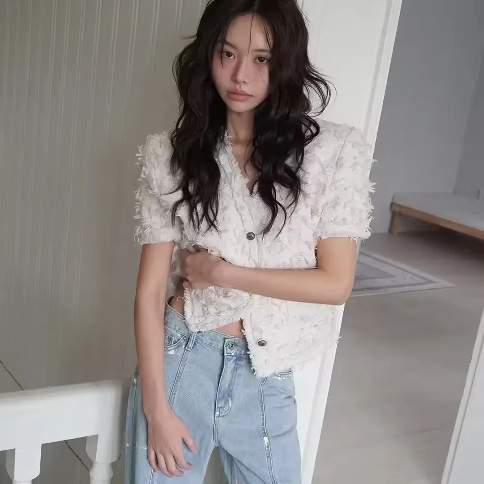 Pop Summer New Women's Raw Fringed Edge Suit Jacket 2025 New Elegant Versatile Short Outwear Fashion Quilted Coat Female
