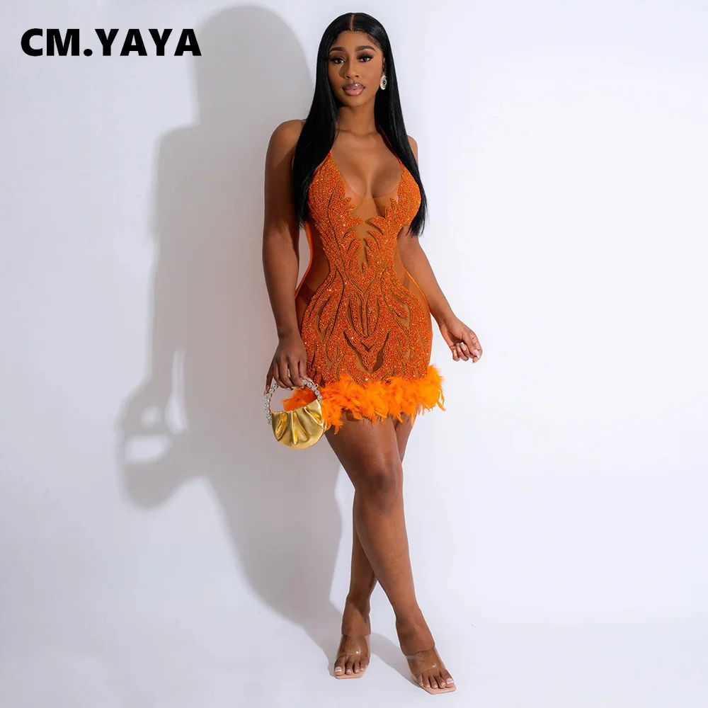 CM.YAYA Women Sequined See Through Feather Strap INS Bodycon Mini Dress  2024 Summer Sexy Night Party Club Prom Vestidos Dresses - AliExpress  200000345
