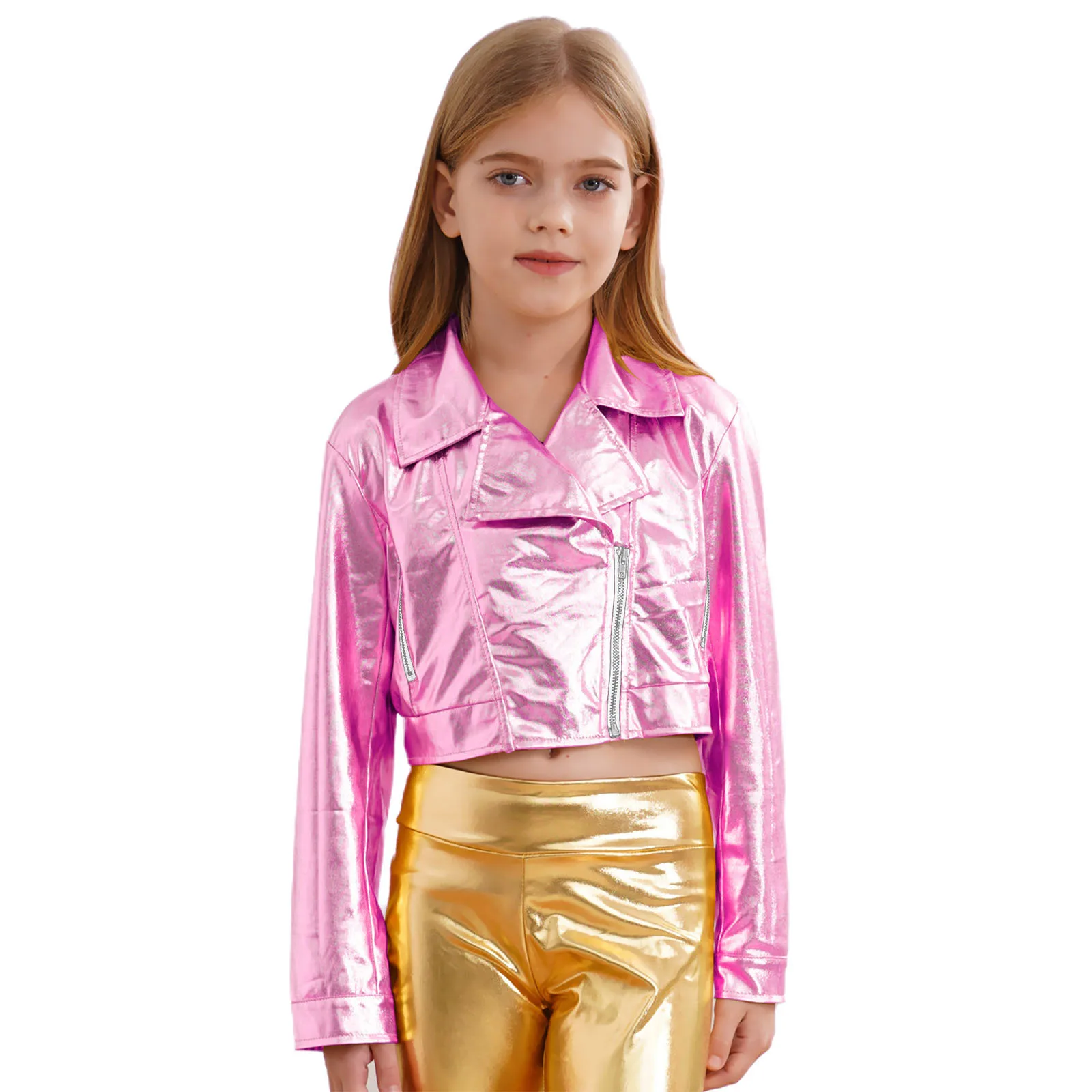 

Kids Girls Hip-Hop Dance Tops Jacket Coat Holography Metallic Zipper Turn-Down Collar Long Sleeve Outwear Motorcycle Streetwear