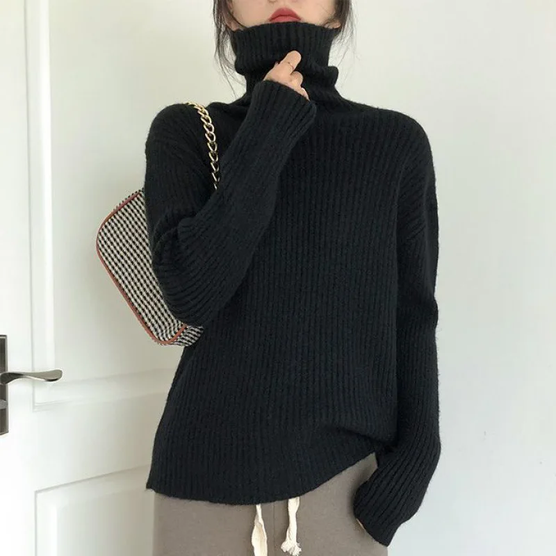 2023 Autumn/Winter Vintage New Loose and Lazy Style Simple Underlay Sweater Solid Color Underlay Slim Office Lady Knit Top