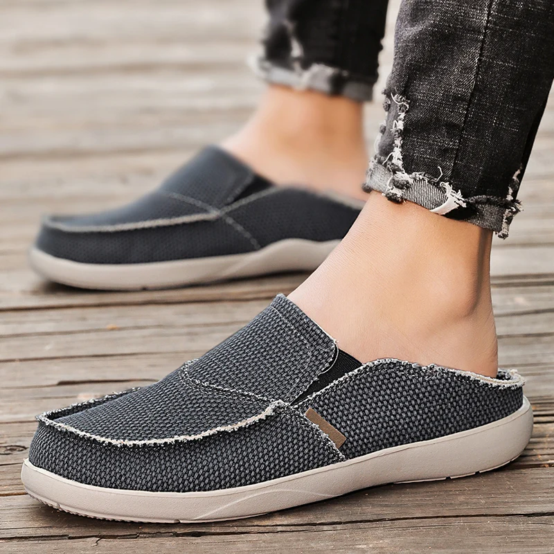 

New Spring Summer Men's Loafers Breathable Lightweight Canvas Shoes Men Half Shoes Comfort Slip-On Flat Shoes Man Big Size 39-47