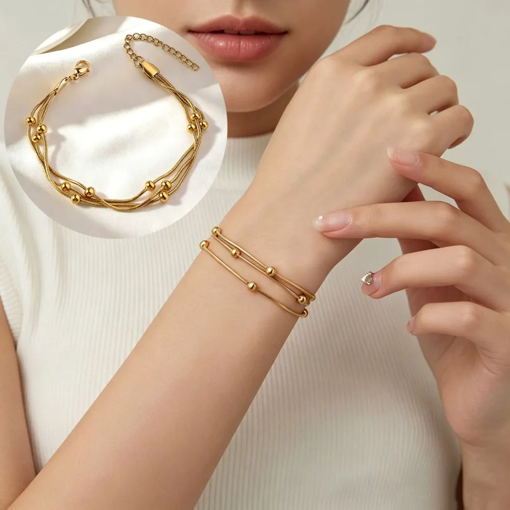New Fashion Versatile Triple Layer Stainless Steel Gold Color Snake Chain Beaded Bracelet for Women Colorfast Exquisite Jewelry