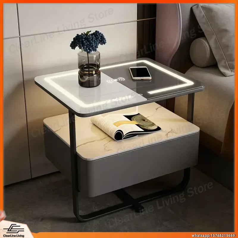 

LED Bedside Table with Touch Control Light Wireless Charging Pad Storage Drawer Small Space Bedroom Nightstand for Apartment