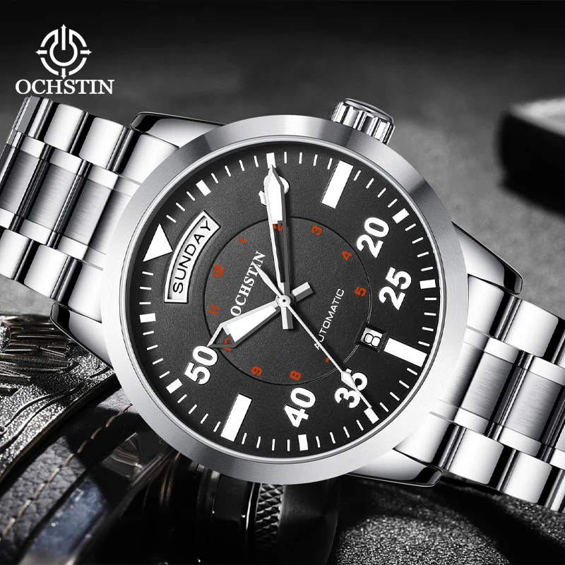 

Мужские автоматические механические часы OCHSTIN Master Series с стальным ремешком, минеральным закаленным стеклом, водонепроницаемые