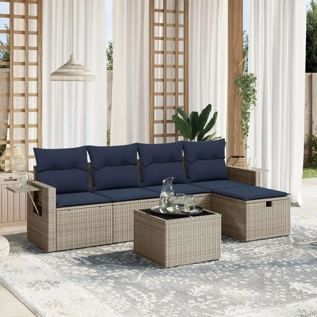 

6 Piece Gray Rattan Patio Sofa Set with Cushions Outdoor Furniture Comfortable Seating Garden Lounge Set