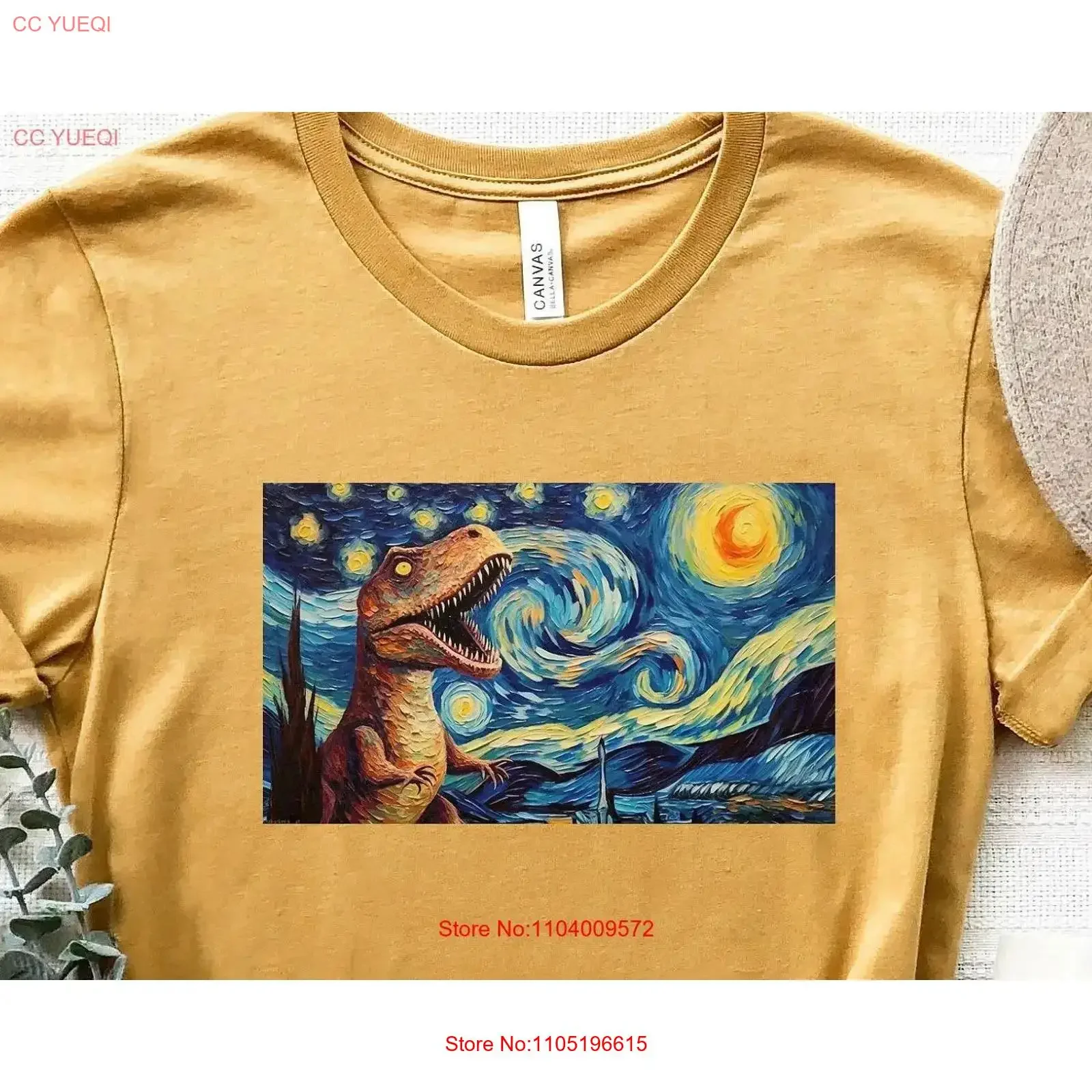 Dinosaur Starry Nights T Shirt Van Gogh Dino Trex Tyrannosaurus Rex Parody Artist Lover Paint Funny Dinos vintage Washed Soft