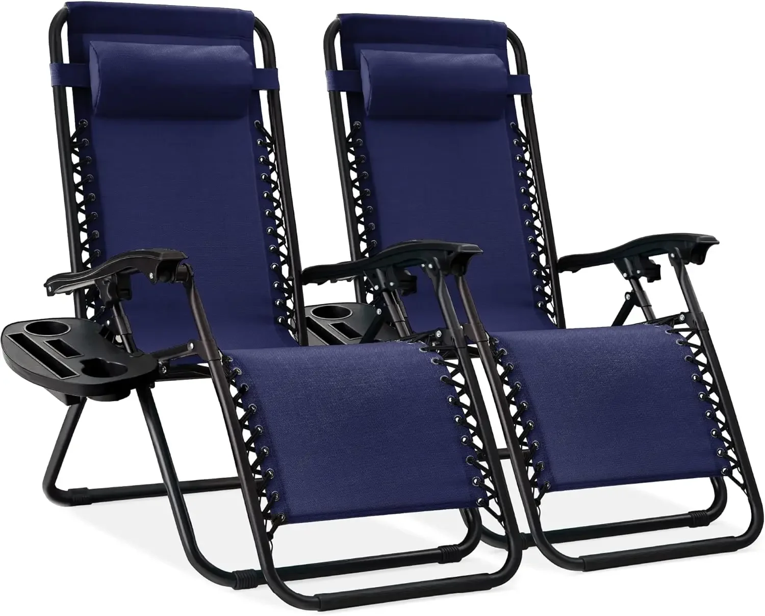 

Set of 2 Adjustable Steel Mesh Zero Gravity Lounge Chair Recliners w/Pillows and Cup Holder Trays