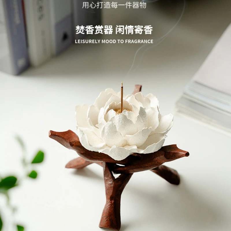 Intangible Cultural Heritage Handmade Camellia Incense Holder & Ceramic Burner, Zen Stick Base Decor for Indoor Aromatherapy.