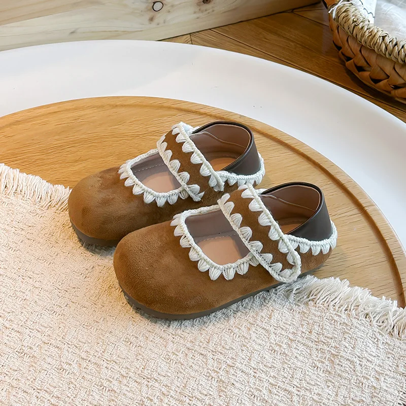 low-cut flat shoes girls baby Mary Jane Hook Loop Shoe lace design children suede 2026 autumn new footwear for size 23-36