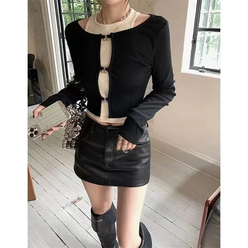 Crop Top Women 2 Pieces Set Long Sleeve T Shirt Tank Top Sexy Hollow Out Y2k Tshirt Streetwear Tee Korean Reviews Many Clothes