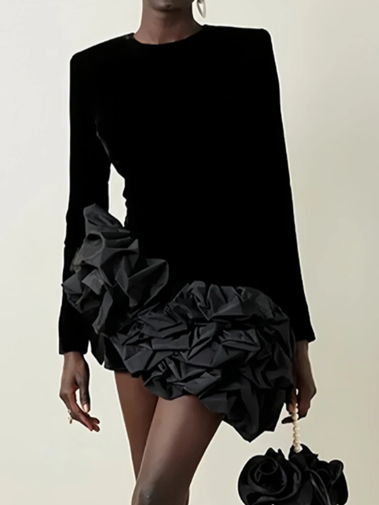 

Sexy O Neck Long Sleeve Asymmetrical Ruffles Mini Dress Women Black Velvet Flounced Edge Slim Dresses Evening Party Cocktail