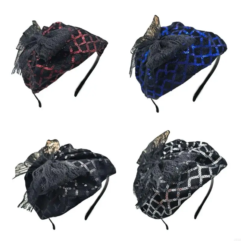 

Sequins Half Caps Lace Bowknot Hairhoop for Women French Headband 20s Fascinator Evening Dress Hat for Formal Occasion