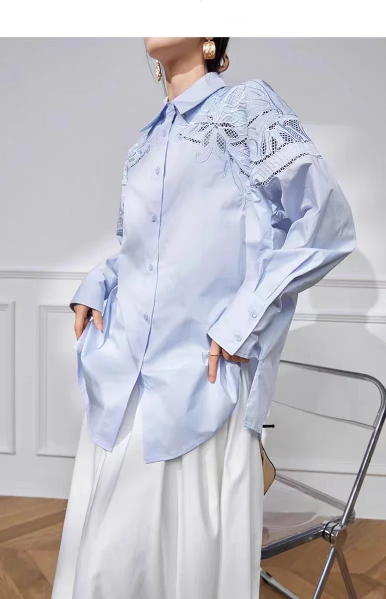 Nieuwe herfstbloem uitgehold borduurwerk katoenen shirts en blouse vrouw halflange oversized top blusas dameskleding