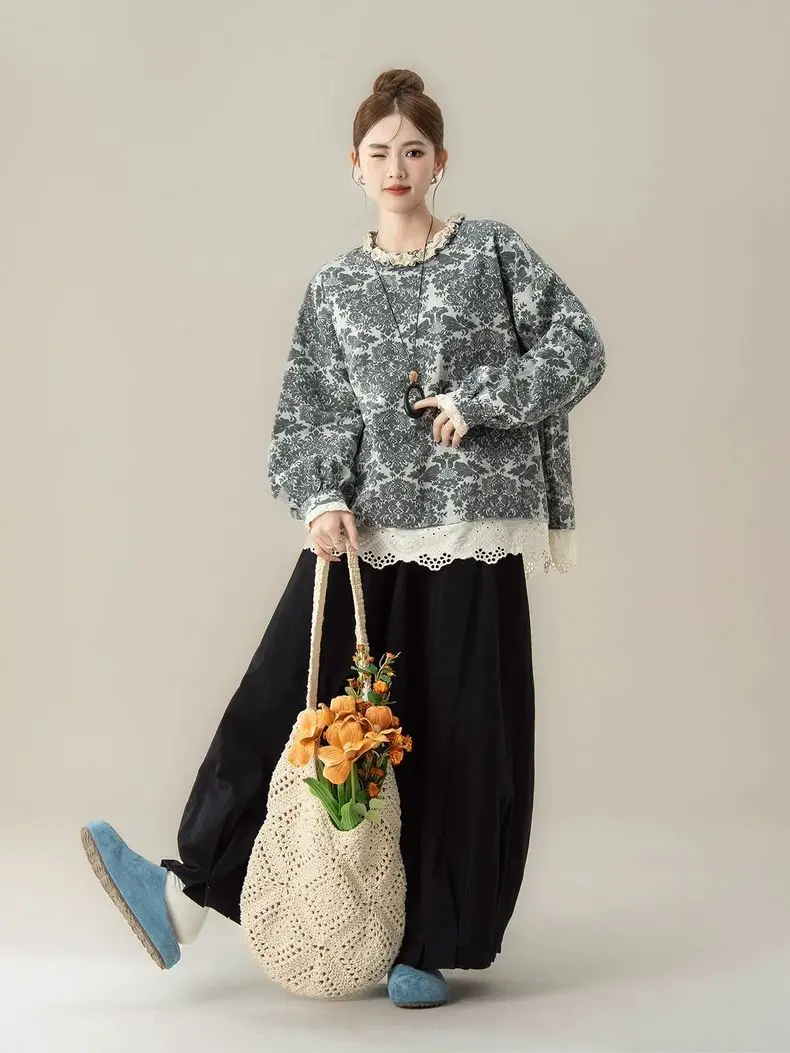 

Large Size 300 Pou Bla Japanese Sle Retro Print Long Sve Women's irt Lace Splicing Loose Top Autumn Sle