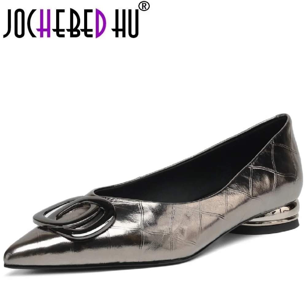 

【JOCHEBED HU】Женские элегантные женские туфли без шнуровки из натуральной кожи ручной работы с металлической пряжкой на круглом низком каблуке, повседневные модельные туфли на каблуке