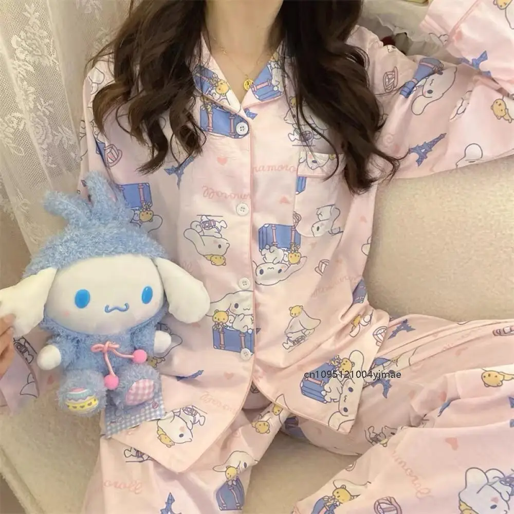 2 Stuks Anime Sanrio Vrouw Pyjama Set Hello Kitty Kuromi Kawaii Cartoon Losse Nachtkleding Pyjama Sets Meisje Lange Mouwen Homewear