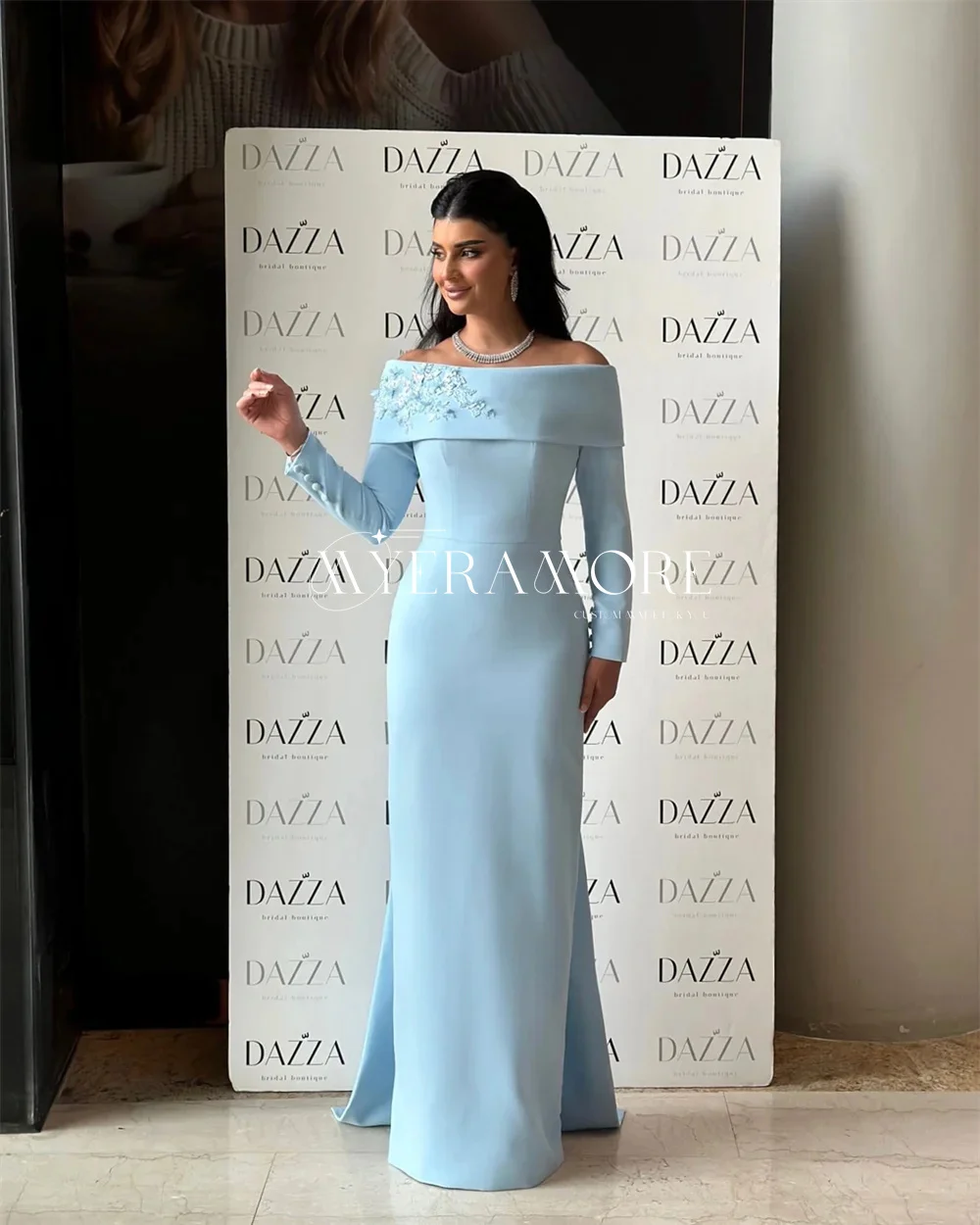 

Strapless Evening Dresses For Woman Off Shoulder Prom Dress Applique Long Sleeve Straight Bridesmaid Dress For Woman Customized