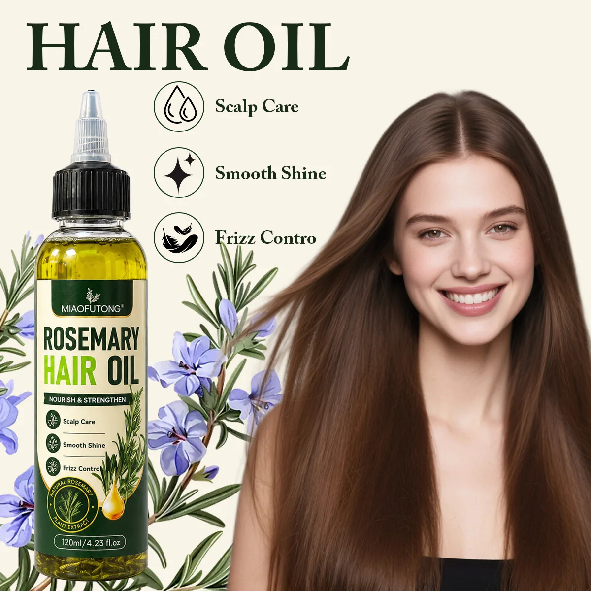 Rosemary Hair Oil 120ml, Nourishing & Smoothing Treatment for Healthy, Shiny Hair, Cross-Border Beauty Essential