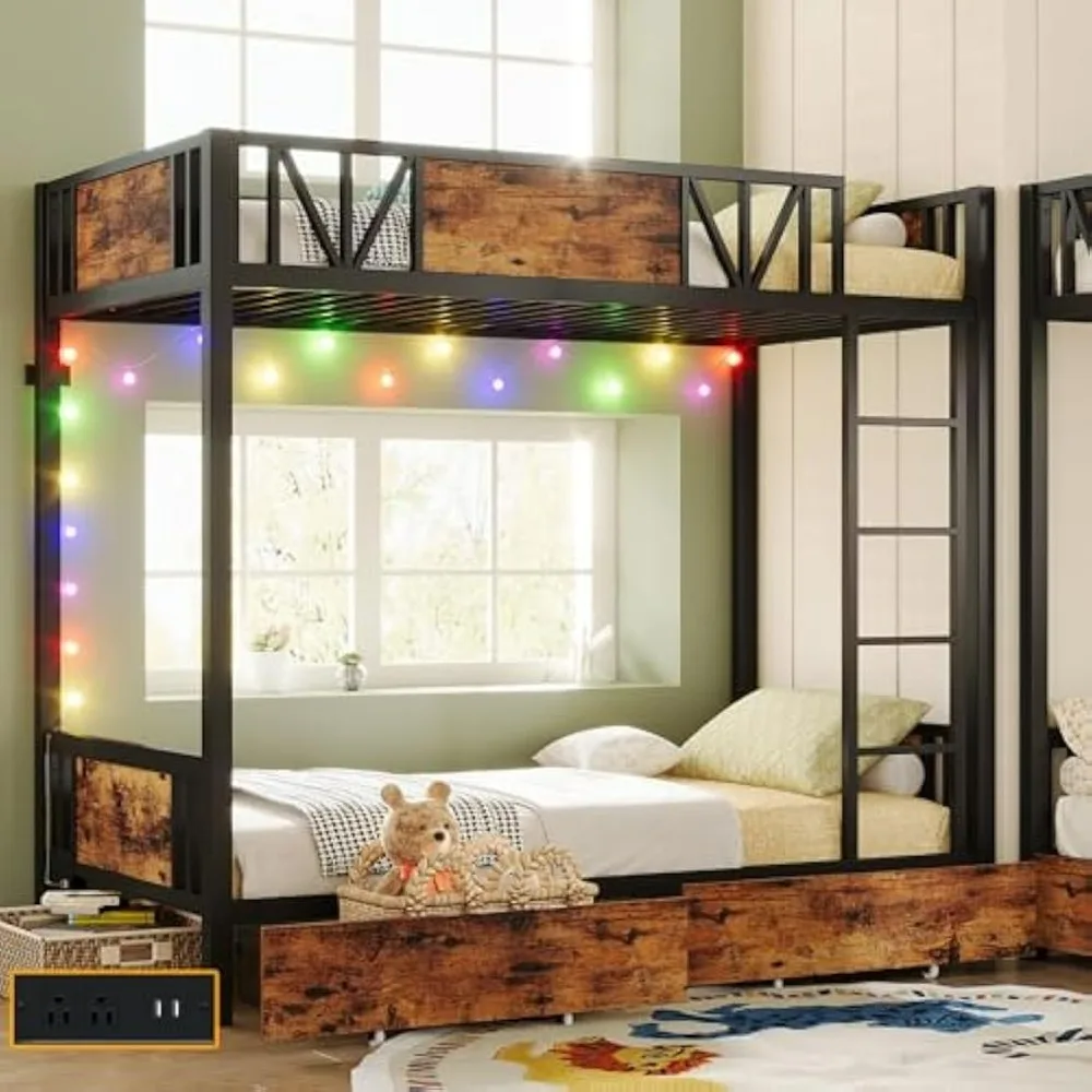 

Bunk Bed with Power Outlet and Drawers, Metal Twin Bed Frames with Ladder and LED Lighted, Space-Saving, Noise Free, Kids Beds