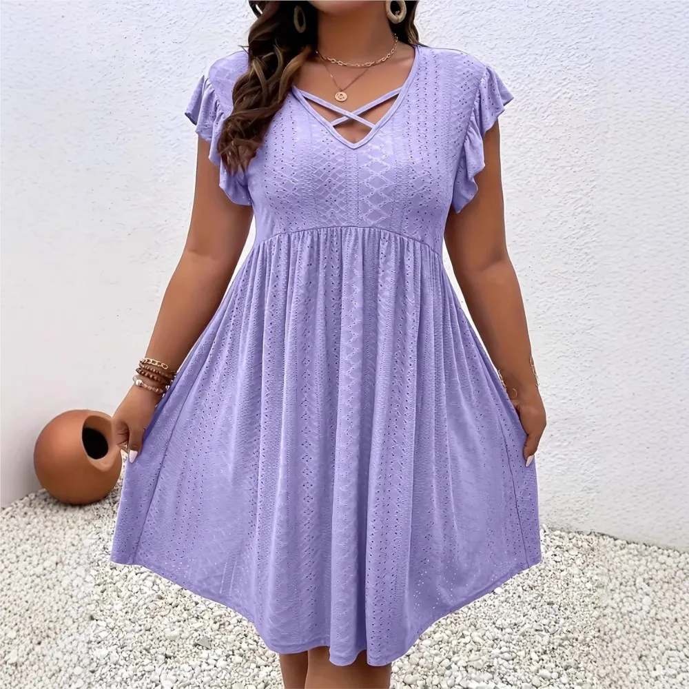 Jacquard Lotus Leaf Sleeves Sexy V-neck Dress Summer New Women's Fashion Solid Color Casual Loose Short Dress Roupas Feminina