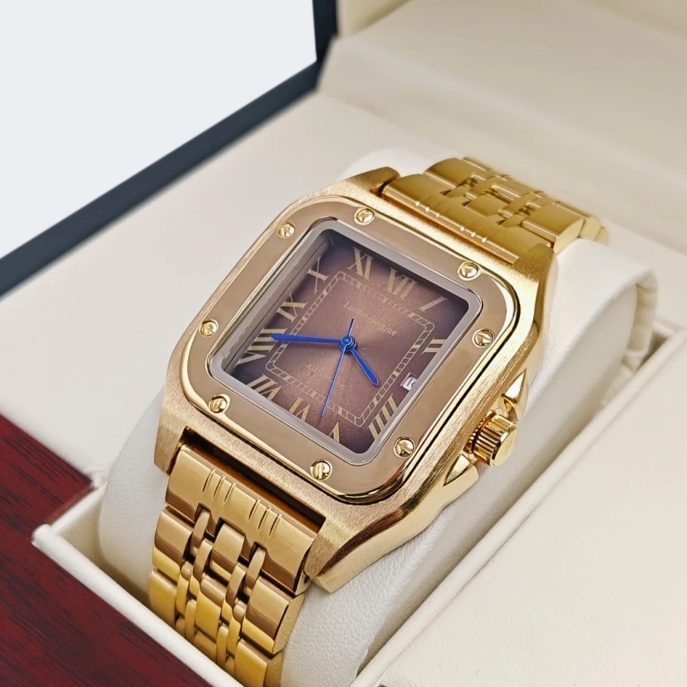 ساعة ميكانيكية رجالية مربعة أصلية جديدة عالية الجودة، لف تلقائي، تصميم هيكل عظمي، حزام من الفولاذ المقاوم للصدأ، مع عرض التقويم، سلسلة تانك على الطراز الأوروبي والأمريكي، ساعة رجالية عصرية للأولاد في عيد الحب