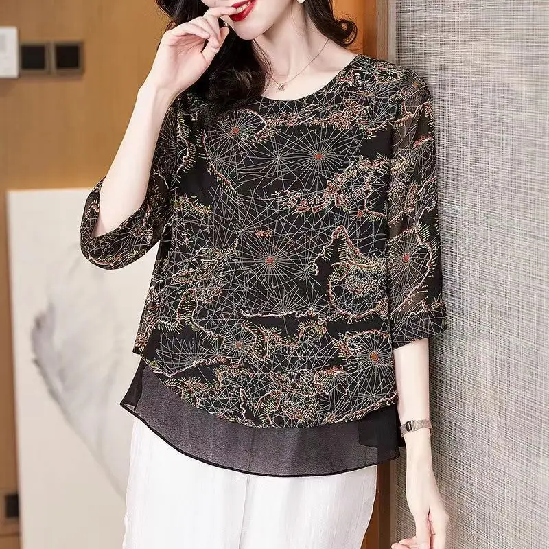 Fashion Vintage Printing Thin Chiffon T-shirt Women\'s Clothing Summer New Elegant All-match 3/4 Sleeve Round Neck Pullovers Tops