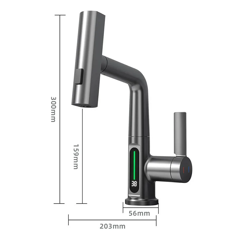 LED Stream Sprayer Kitchen Faucet Pulling Lifting Waterfall Faucets Bathroom Basin Hot Cold Water Mixer Sink Tap Lift Up Down