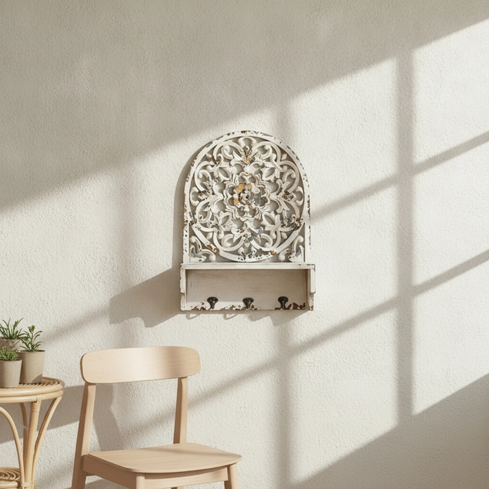 

Entryway Shelf with Hooks Vintage Key Holder with Shelf Wall Organizer with Hooks Shabby Chic Wall-Mounted Key Rack Distressed
