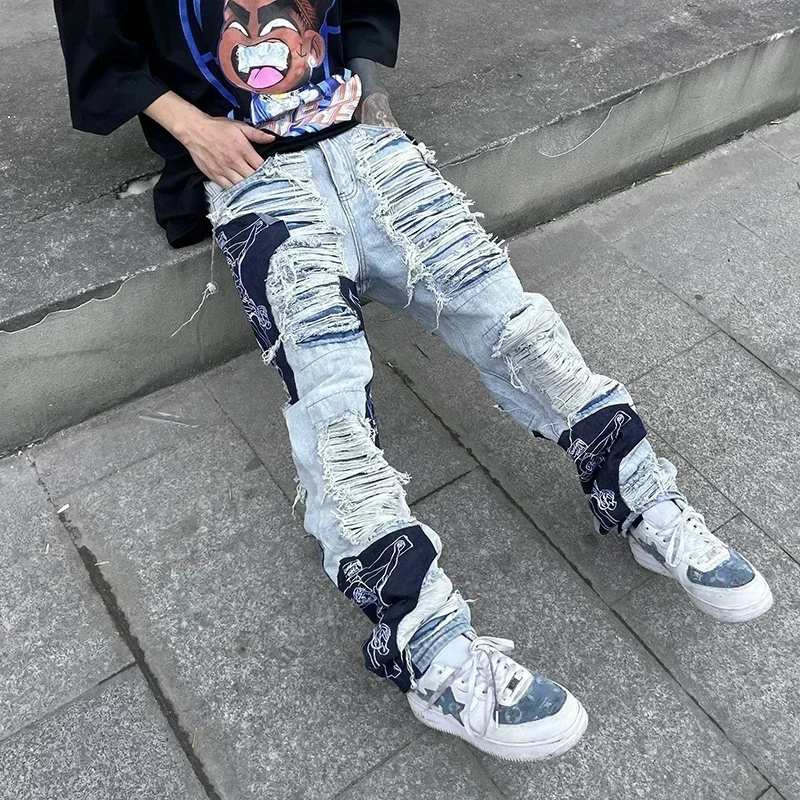 Hole Fringe Jeans Men Jesus Cross Embroidery High Street Pants Tassel Ripped Retro Denim Trousers Baggy Harajuku Jean Pant Male