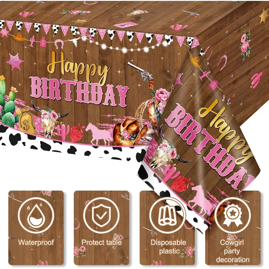 3개 세트 카우걸 생일 테이블보 서부 플라스틱 테이블 커버 일회용 직사각형 핑크 카우 테이블보 와일드 웨스트 서부용