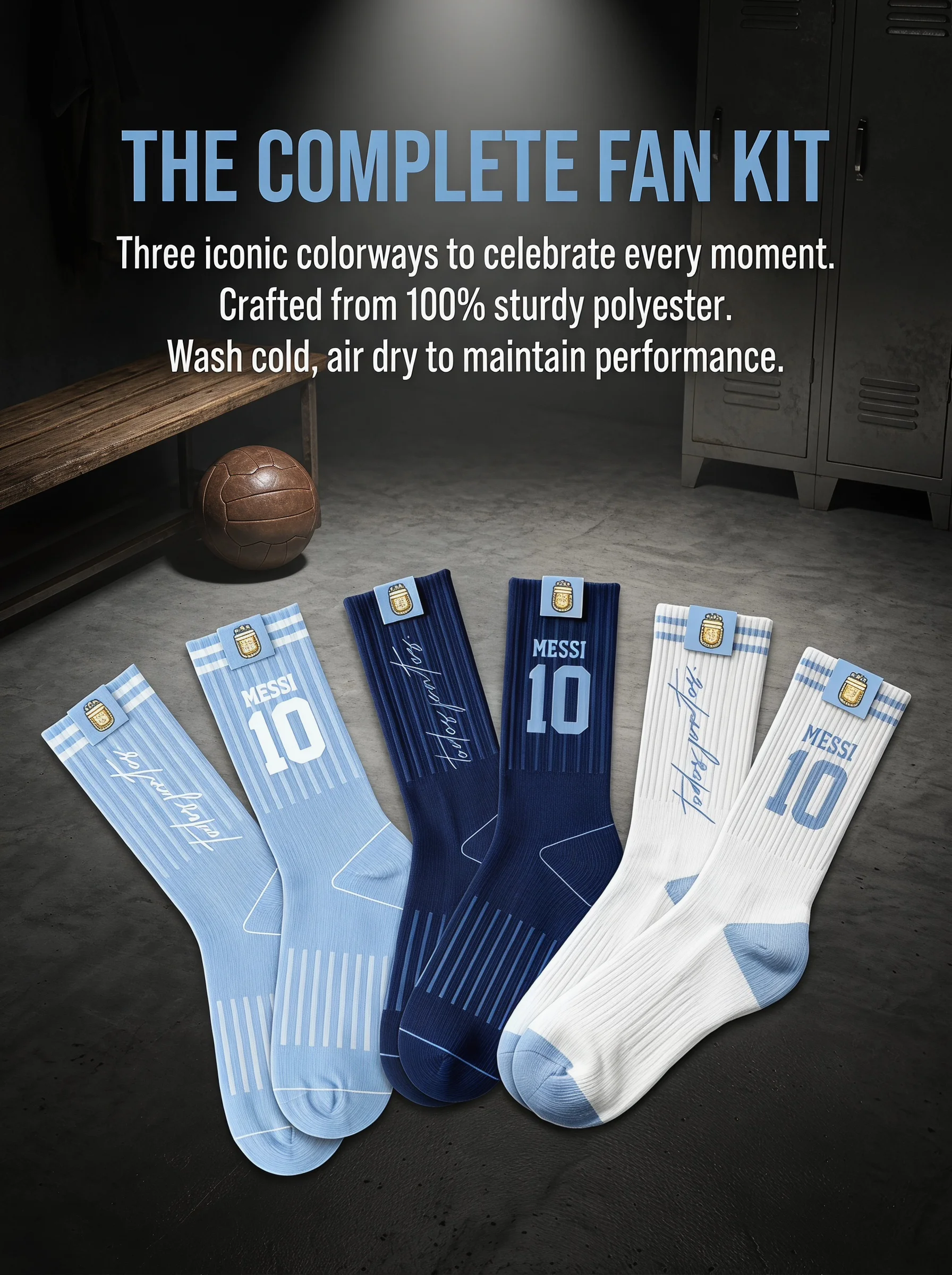 Chaussettes longues décontractées officiellement sous licence de l'AFA Argentine, tricolores, GOAT Messi n°10, lot de 3 paires en coffret cadeau pour l'entraînement