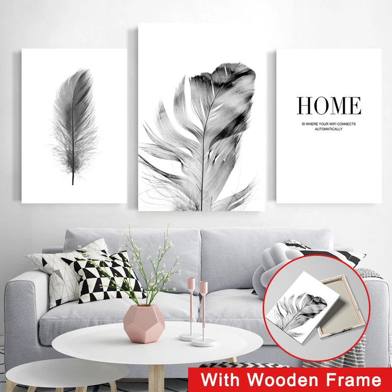 

Framed Black and White Flower Poster Fresh Wall Art Feather Dandelion Pictures Canvas Painting Living Room Decoration Wall Decor