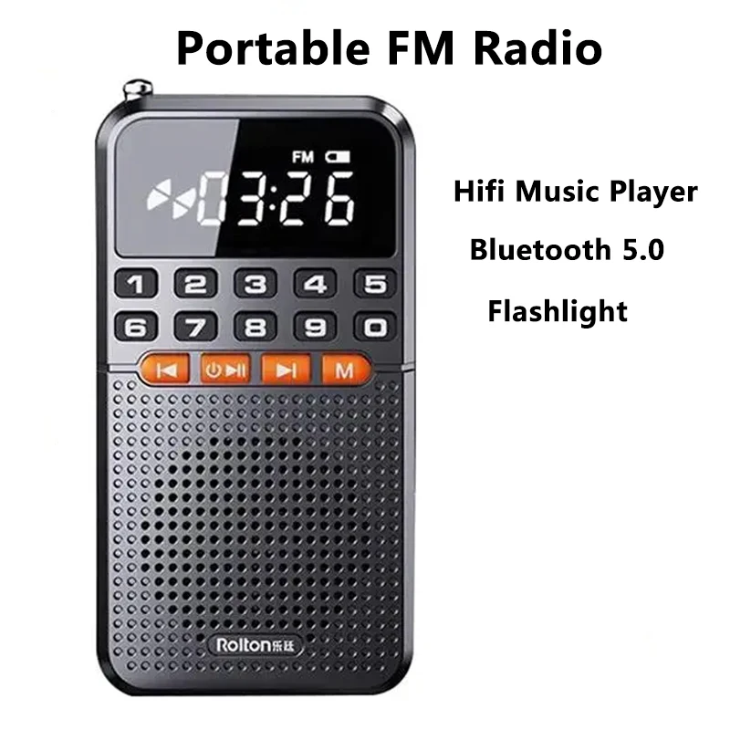 Mini Portable FM Radio Dual Antenna Pocket Radio Receiver Bluetooth 5.0 Speaker TF Card Music Player with LED Flashlight 