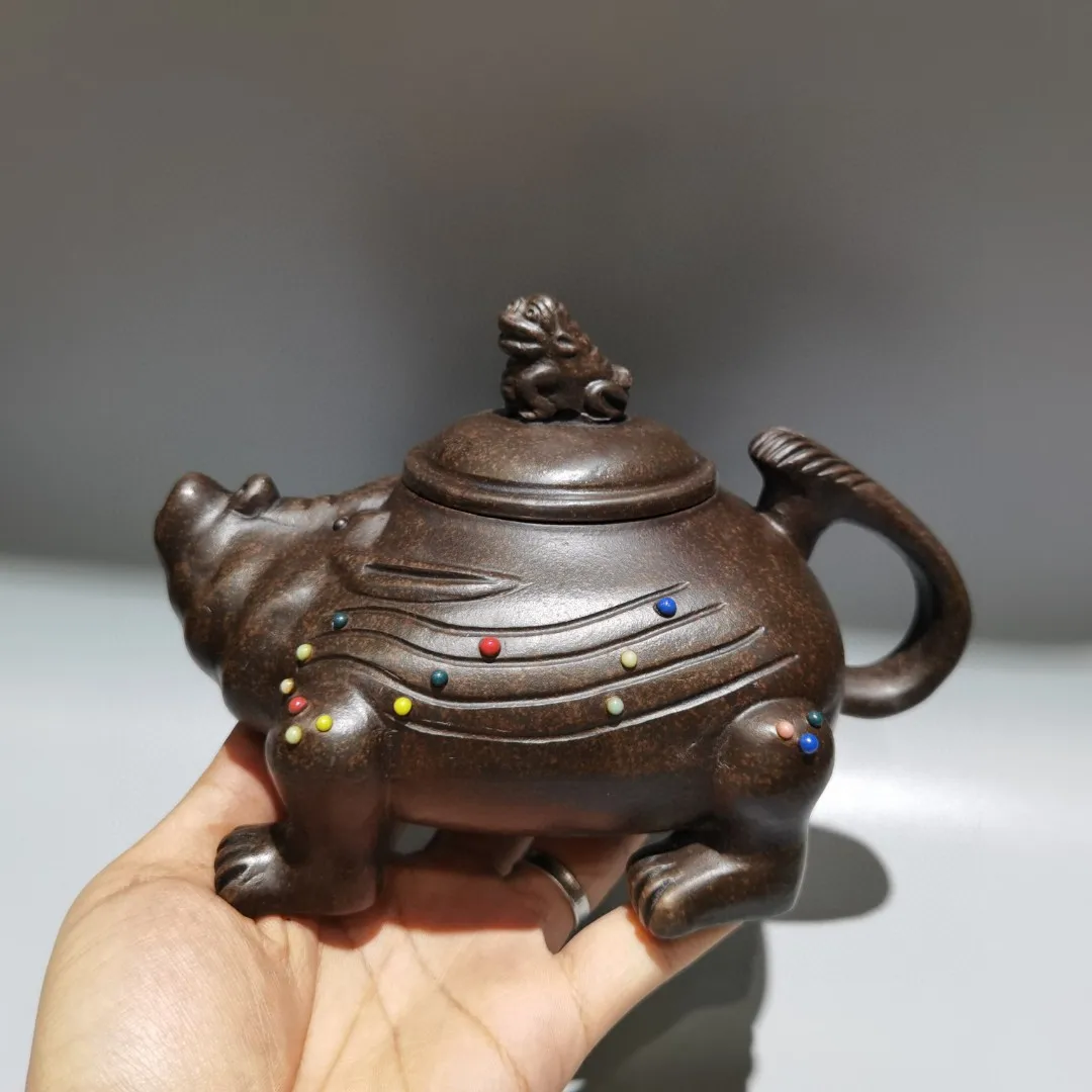 

8"Chinese Yixing Purple Clay Teapot Mosaic Gem Pixiu Statue Cover Kettle Divine Beast shaped Pot Teapot Gather fortune Ornaments