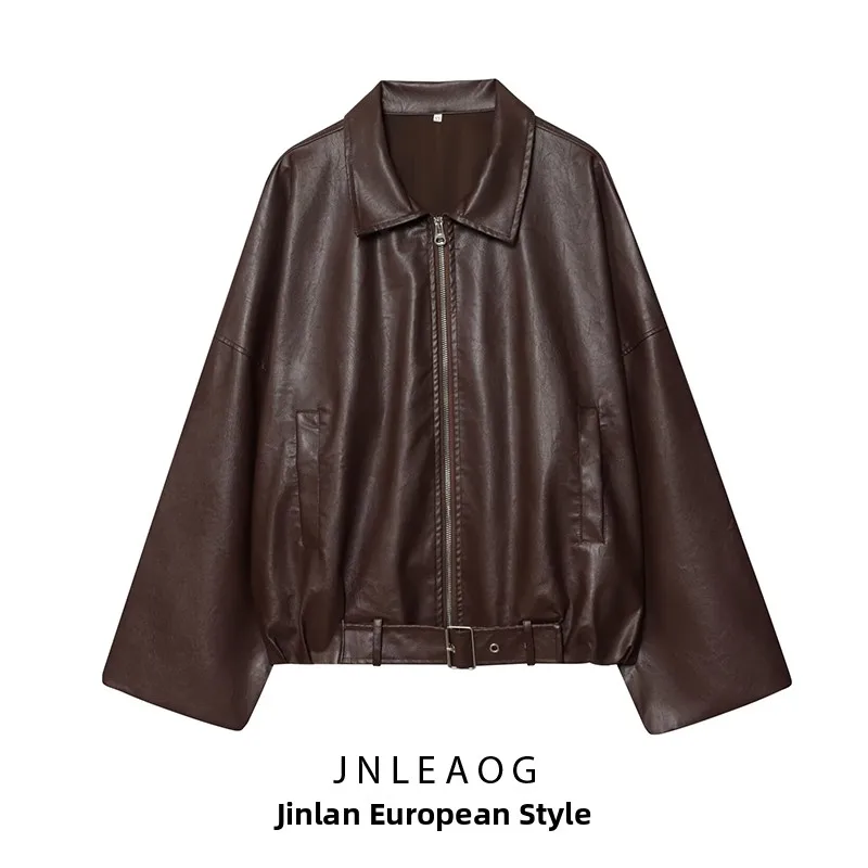 Faionable automne nouveau manteau Jaet en cuir pour femme avec ceinture et ket Design trajet Sle cuir synthétique Long Sve