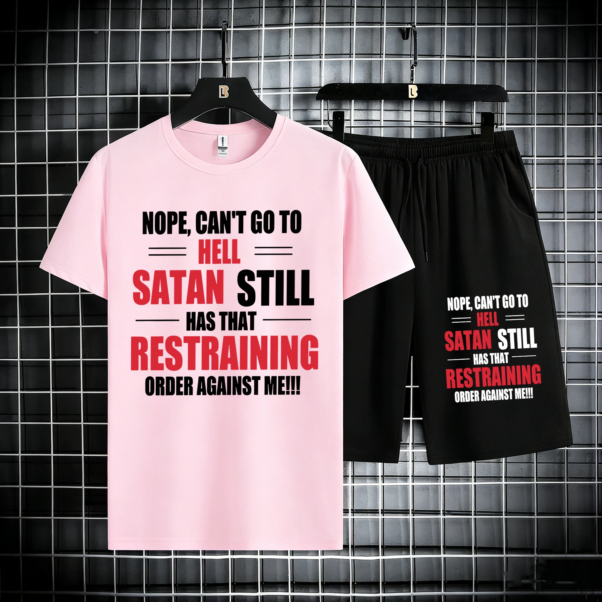 

I Can'T Go To Hell Funny Pattern Cotton Summer Sport Short Sleeve Set Man'S Running Soft Tees Drawstring Fitness Comfy Pants